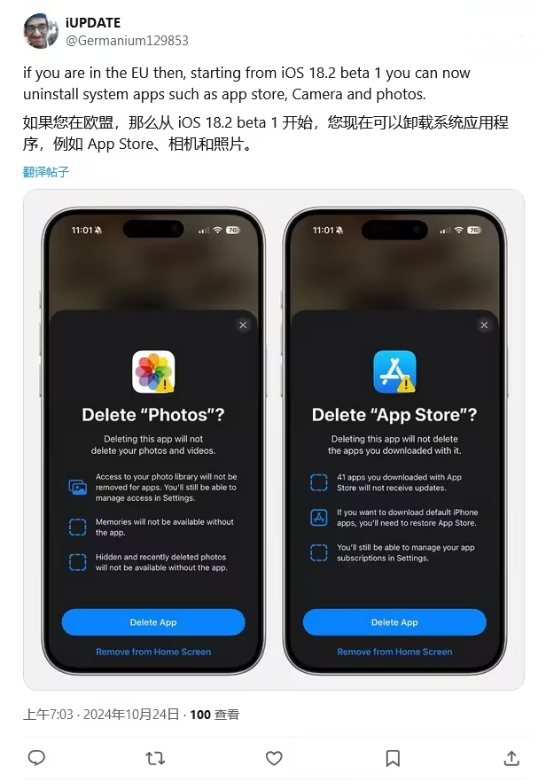 千阳苹果手机维修分享iOS 18.2 支持删除 App Store 应用商店 